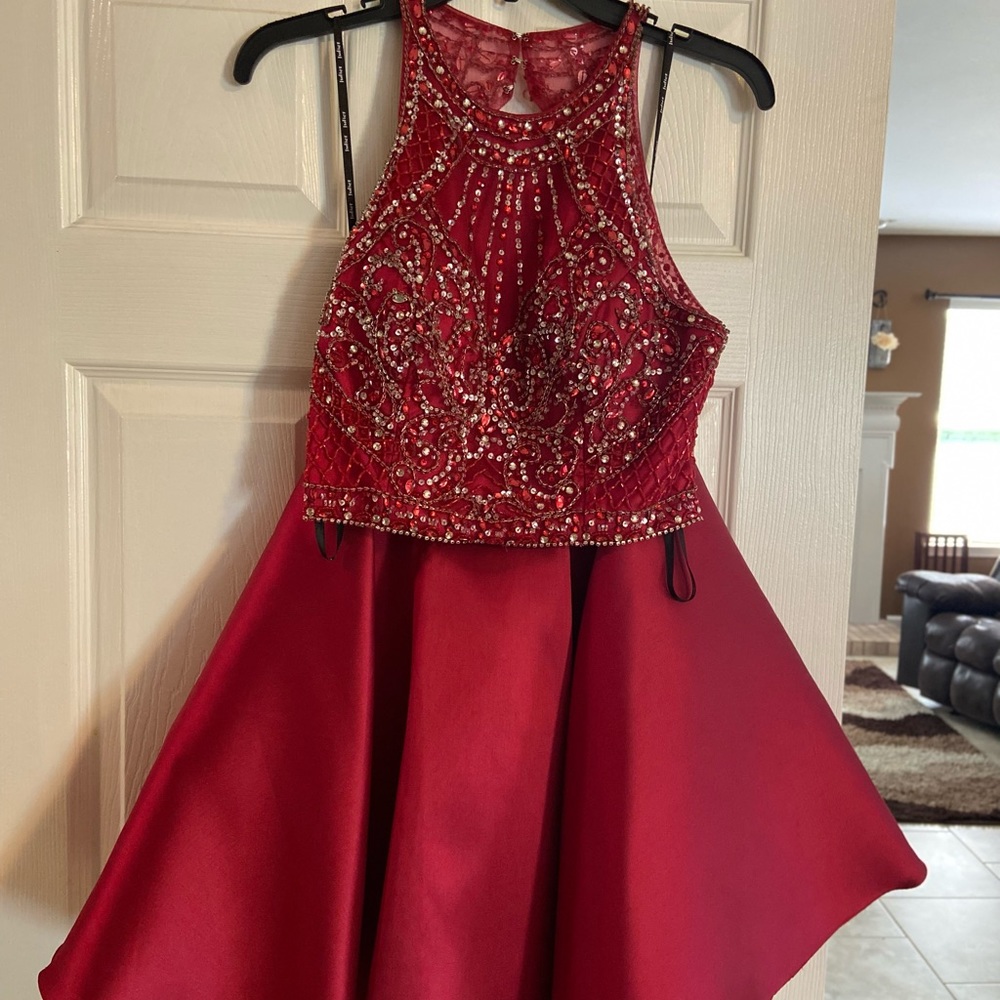 2 piece red & rhinestone homecoming dress